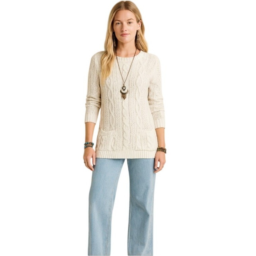 Jeanne Pierre Cable Knit Fisherman Sweater Cream Front Pockets Preppy‎ Small